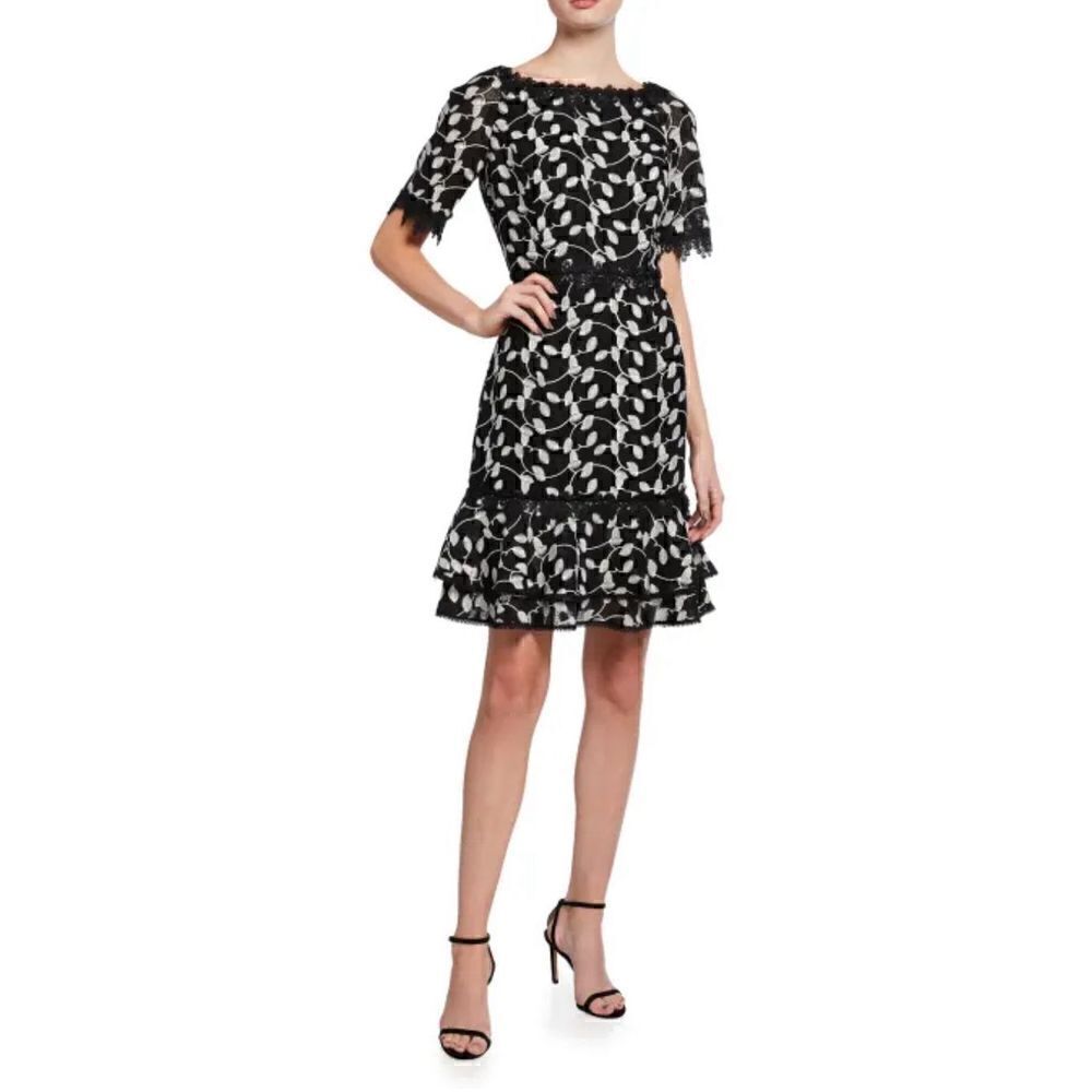 Shani Short-Sleeve Embroidered Lace Dress in Black & White NWT Size 12